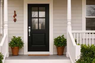 A classic black front door with glass panels on a light gray house, framed by white columns and potted plants, representing a Framewell door installation.