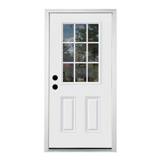 FRAMEWELL 36x80 white fiberglass entry door, primed with brickmould. 9-lite glass, raised panels, lockset pre-bored