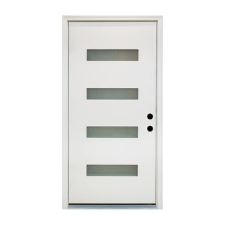 FRAMEWELL 36x80 white fiberglass entry door with 4 horizontal frosted glass panels, modern design, and durable vinyl frame.