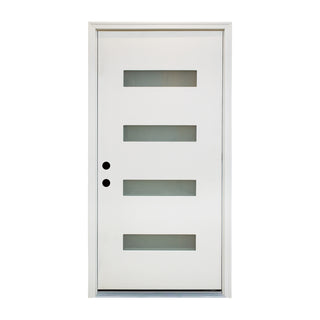 FRAMEWELL 36x80 white fiberglass entry door, wood grain, four frosted glass panels, white vinyl frame.