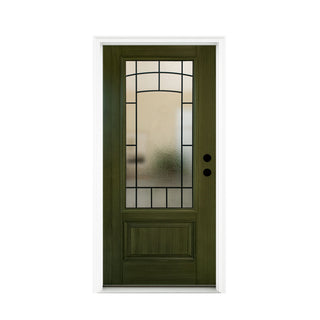 FRAMEWELL 36x80 dark olive green brush-stained fiberglass entry door with wrought iron frosted glass and embossed panel, , lockset pre-bored