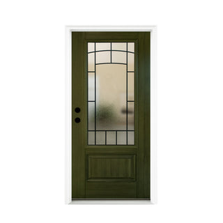 FRAMEWELL 36x80 smooth brush-stained olive fiberglass door, arched wrought iron frosted glass & embossed panel, lockset pre-bored