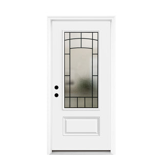 FRAMEWELL 36x80 white fiberglass entry door with smooth finish, decorative wrought iron frosted glass, and embossed panel, , lockset pre-bored