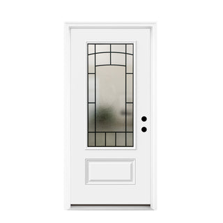 FRAMEWELL 36x80 white fiberglass entry door, smooth brush-stained, arched wrought iron frosted glass & embossed panel.