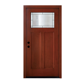 FRAMEWELL 36x80 Craftsman fiberglass entry door in reddish-brown wood grain stain with geometric patina caming privacy glass.