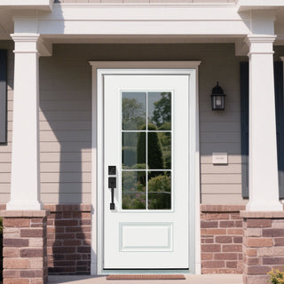 White FRAMEWELL fiberglass entry door (36x80) with a 3/4 view 6-lite clear Low-E glass panel, a bottom raised panel, and contrasting black hardware.