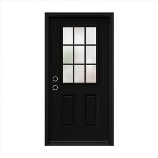 Black FRAMEWELL 36x80 fiberglass entry door with wood grain texture, 9-lite frosted glass, two panels, & brickmould.
