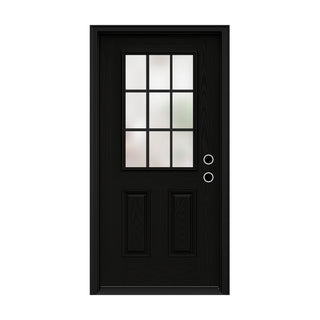 FRAMEWELL 36x80 fiberglass door, primed wood grain, 9-lite frosted glass, raised panels, lockset pre-bored (shown black).