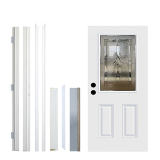Unassembled FRAMEWELL 36x80 primed fiberglass entry door with decorative glass, two panels, and full frame kit.