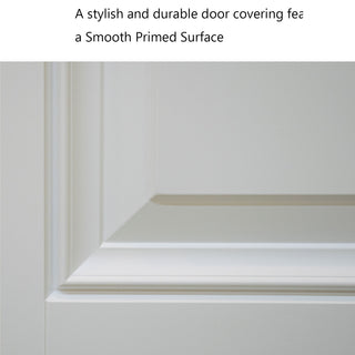 Close-up of FRAMEWELL white smooth primed fiberglass entry door panel with high-definition raised moulding, paint-ready.