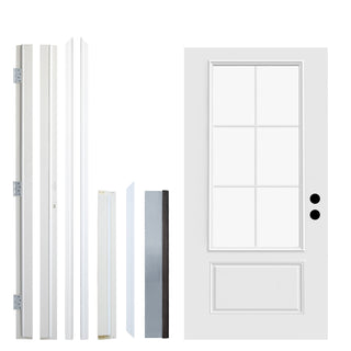 FRAMEWELL 36x80 primed fiberglass entry door kit with 6-lite 3/4 view clear Low-E glass slab & unassembled frame.