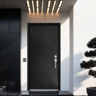 Elegant FRAMEWELL fiberglass entry door in an antique brass finish, featuring stylish sunburst grooves and sleek, modern hardware, shown in a contemporary home.