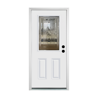 FRAMEWELL 36x80 primed white fiberglass entry door with intricate decorative glass design and two classic raised panels.