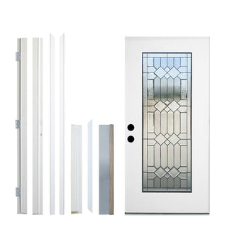 FRAMEWELL 36x80 white primed fiberglass entry door kit, featuring decorative glass with black caming & knock-down jamb.
