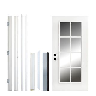 FRAMEWELL 36x80 8-lite smooth primed fiberglass entry door knock-down kit, showing slab, jambs with hinges, and threshold.