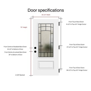 FRAMEWELL 36x80 fiberglass entry door technical diagram with frosted glass, wrought iron grille, and detailed measurements