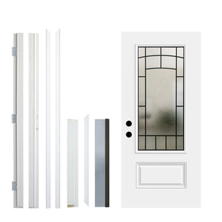 Unassembled FRAMEWELL 36x80 white fiberglass entry door kit with frosted wrought iron glass, primed jambs, and components.