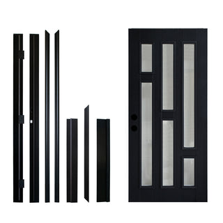 FRAMEWELL 36x80 black fiberglass entry door with modern frosted glass panels, plus unassembled vinyl frame & brickmould.