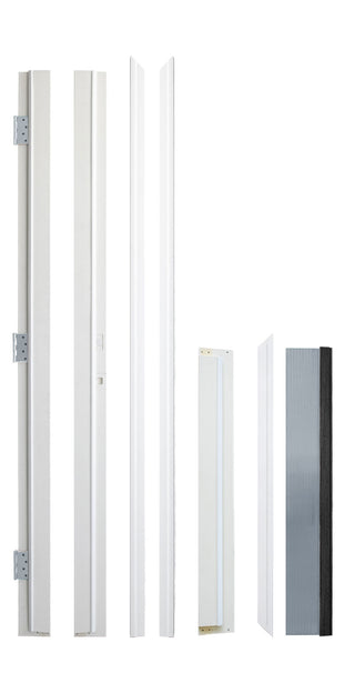 FRAMEWELL fiberglass door frame disassembled, showing white vinyl jambs, trim, and LVL core cross-sections.