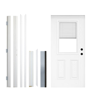 FRAMEWELL 36x80 primed fiberglass entry door kit, wooden grain slab, half-lite glass with blinds, and frame components.