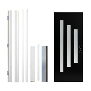 FRAMEWELL black textured fiberglass entry door kit with staggered Low-E glass and white vinyl frame.
