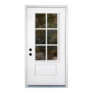 White FRAMEWELL 36x80 primed fiberglass exterior door with 6-lite 3/4 view clear glass, raised panel, left inswing.