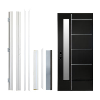 FRAMEWELL 36x80 black fiberglass entry door with Low-E glass & disassembled white vinyl frame and brickmould, lockset pre-bored