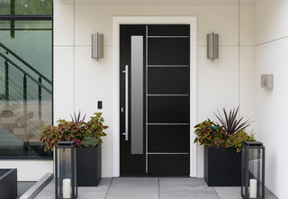 Contemporary home entrance featuring a black FRAMEWELL textured fiberglass door (36x80) with a large frosted Low-E glass panel and lock-set prebored, a contrasting white frame, and a modern pull handle.