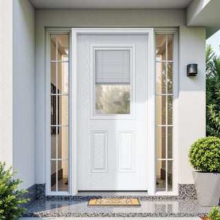 FRAMEWELL primed white fiberglass entry door system (36x80) featuring a wood grain texture, half-lite glass with internal blinds, and matching sidelights.