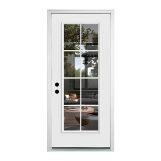 Paintable white FRAMEWELL fiberglass entry door with 8-lite clear glass, shown installed with a reflection of a modern patio in the glass.