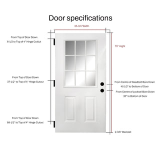 FRAMEWELL 36x80 fiberglass entry door specs diagram with 6-lite glass, raised panels, hinge & lock dimensions.