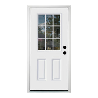 FRAMEWELL 36x80 primed fiberglass door showcasing 9-lite clear glass, distinct raised panels, and frame with brickmould.