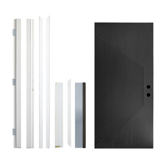 FRAMEWELL 36x80 Antique Brass metallic fiberglass entry door slab, radiating pattern, lockset pre-bored, white vinyl frame parts.