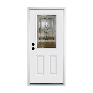 FRAMEWELL 36x80 primed white fiberglass entry door, left-hand inswing, with decorative glass & 2 raised panels.