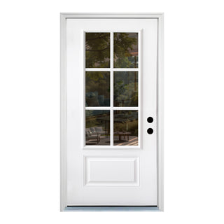 FRAMEWELL 36x80 primed smooth fiberglass entry door, 6-lite 3/4 view Low-E glass, raised panel.