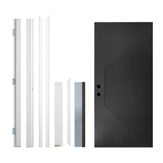 FRAMEWELL 36x80 Antique Brass metallic fiberglass door with modern sunburst design, white vinyl frame kit.