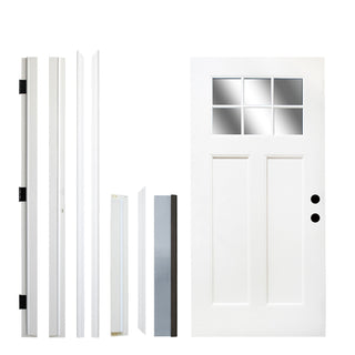 FRAMEWELL 36x80 white primed fiberglass Craftsman entry door kit, 6-lite window, brickmould, and frame components.
