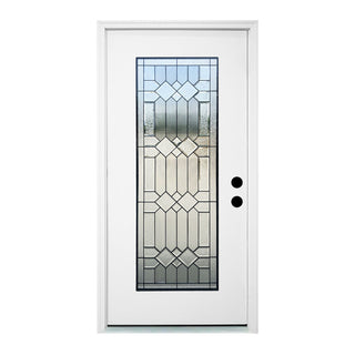 FRAMEWELL 36x80 primed white fiberglass door with geometric decorative glass panel, clear, frosted, & beveled.