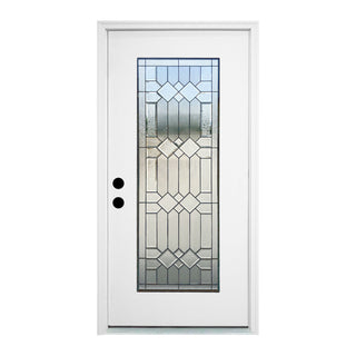 FRAMEWELL 36x80 white fiberglass door featuring geometric decorative glass with black caming, beveled & frosted.