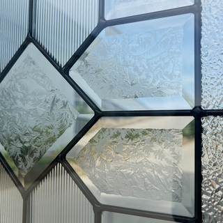 FRAMEWELL decorative fiberglass entry door glass panel: geometric pattern, frosted, fluted, pebbled, beveled textures, black caming.