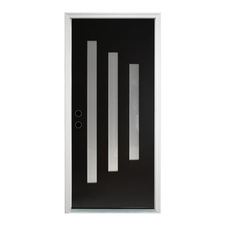 FRAMEWELL 36x80 black textured fiberglass entry door with white frame and three modern frosted Low-E glass inserts.