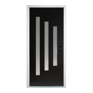 FRAMEWELL black fiberglass entry door, white frame, three descending staggered frosted Low-E glass inserts, lockset pre-bored.