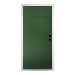 Deep green FRAMEWELL modern fiberglass entry door with horizontal panels, white frame, brickmould & lockset pre-bored.