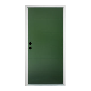 FRAMEWELL modern forest green textured fiberglass entry door, four horizontal panels, white jamb, lockset pre-bored for hardware.