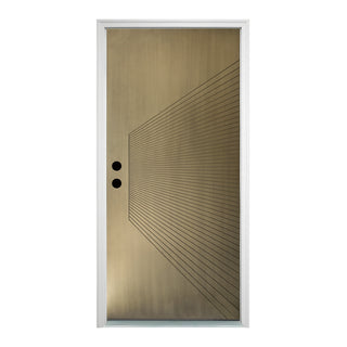 FRAMEWELL 36x80 fiberglass entry door, antique brass finish, geometric sunburst design, white frame.