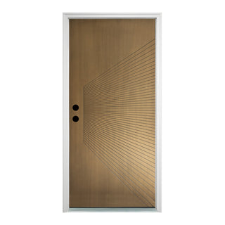 FRAMEWELL Antique Brass metallic fiberglass door with modern radiating design, white frame, lockset pre-bored.