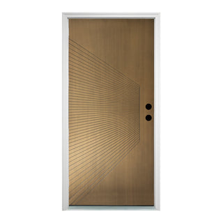 FRAMEWELL 36x80 Antique Brass metallic fiberglass entry door with modern sunburst design, white frame & lockset pre-bored holes.