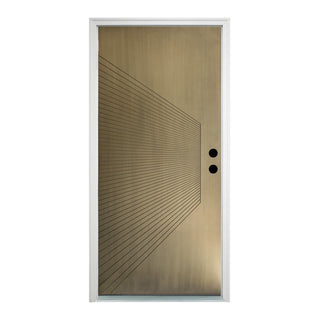 FRAMEWELL 36x80 Antique Brass metallic fiberglass entry door, modern asymmetrical line pattern, white frame, lockset pre-bored.
