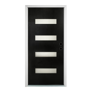 Modern FRAMEWELL 36x80 black fiberglass entry door, wood grain texture, white vinyl frame, 4 horizontal frosted glass panels.