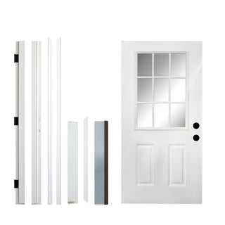 FRAMEWELL 36x80 primed white fiberglass entry door kit showing 9-lite slab, jamb, threshold, & other frame components.